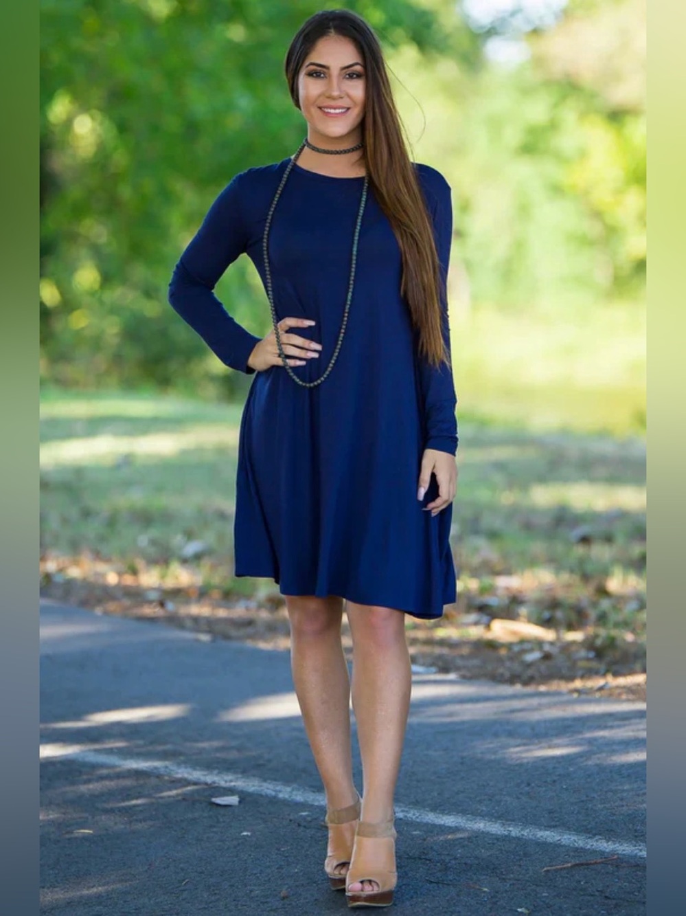 Piko Bamboo Navy Long-Sleeve A-Line Swing Dress With Pockets. Size Medium.